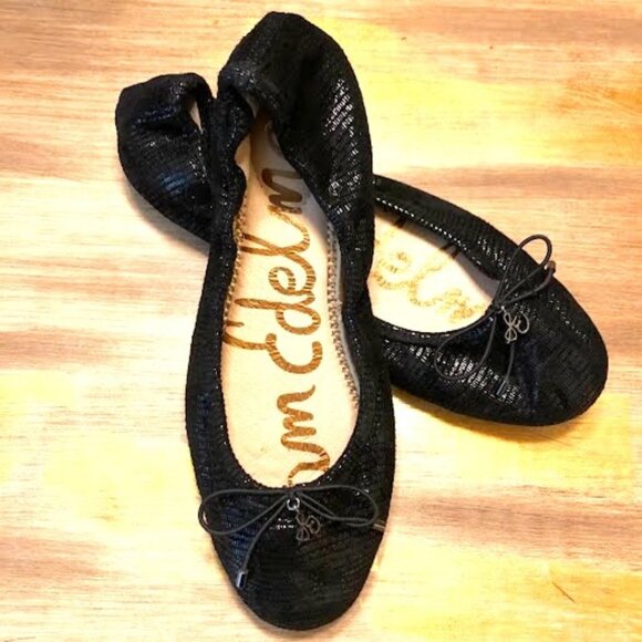 SAM EDELMAN Felicia Ballet Flats Metallic Black Embossed Leather SZ 6 New - Picture 2 of 4